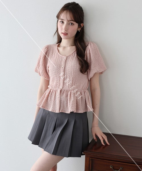 T-shirt Ladies fashion Balloon Sleeve Peplum Cut-and-sew