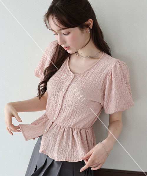 T-shirt Ladies fashion Balloon Sleeve Peplum Cut-and-sew