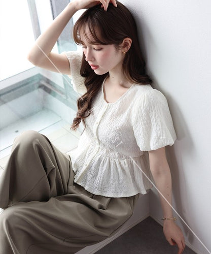 T-shirt Ladies fashion Balloon Sleeve Peplum Cut-and-sew
