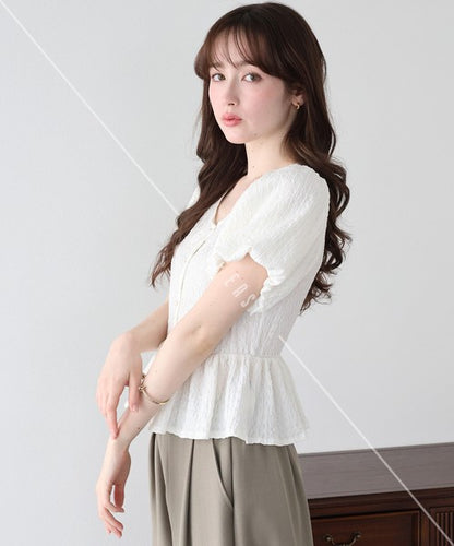 T-shirt Ladies fashion Balloon Sleeve Peplum Cut-and-sew