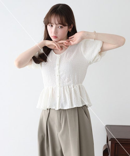 T-shirt Ladies fashion Balloon Sleeve Peplum Cut-and-sew