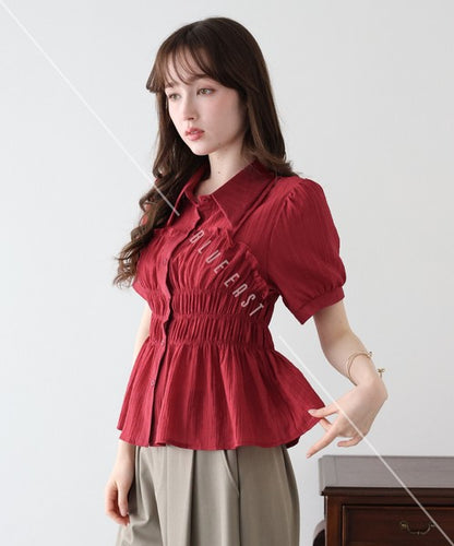 Button Shirt/Blouse Short Sleeve Shirring Sheer Bustier