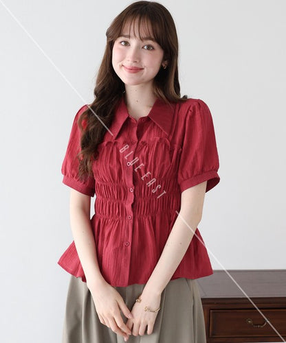 Button Shirt/Blouse Short Sleeve Shirring Sheer Bustier