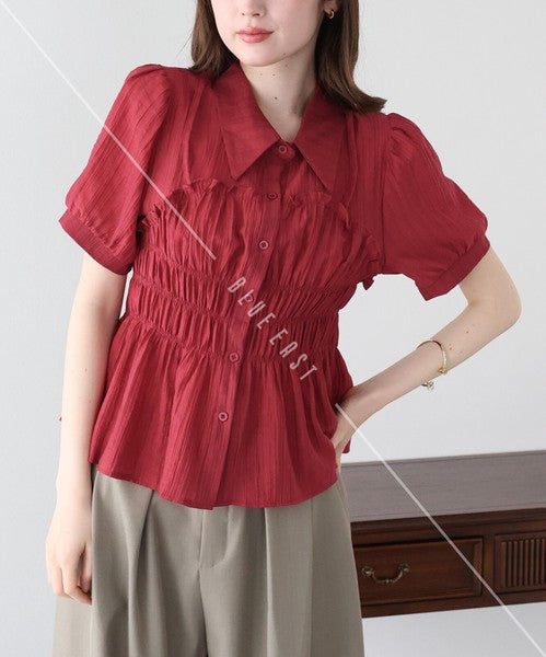 Button Shirt/Blouse Short Sleeve Shirring Sheer Bustier