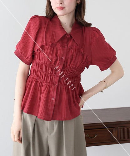 Button Shirt/Blouse Short Sleeve Shirring Sheer Bustier