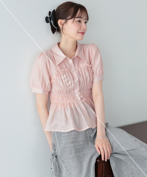 Button Shirt/Blouse Short Sleeve Shirring Sheer Bustier