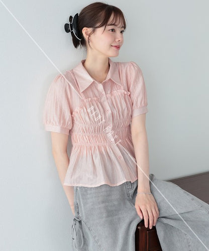 Button Shirt/Blouse Short Sleeve Shirring Sheer Bustier