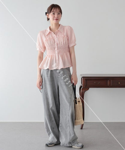 Button Shirt/Blouse Short Sleeve Shirring Sheer Bustier