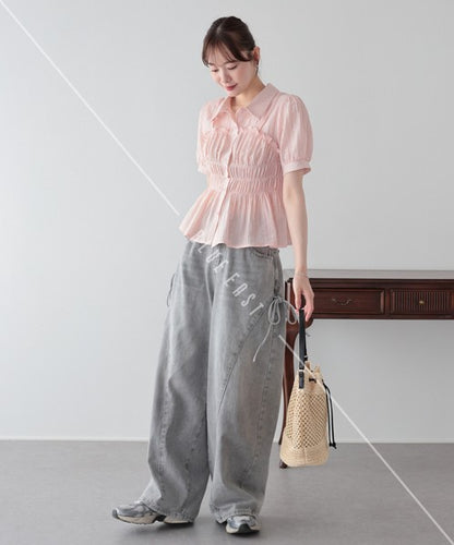 Button Shirt/Blouse Short Sleeve Shirring Sheer Bustier