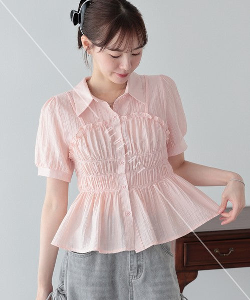 Button Shirt/Blouse Short Sleeve Shirring Sheer Bustier