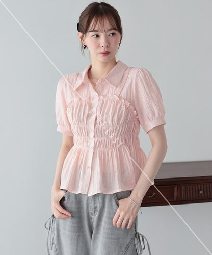 Button Shirt/Blouse Short Sleeve Shirring Sheer Bustier