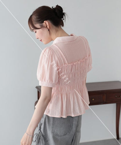 Button Shirt/Blouse Short Sleeve Shirring Sheer Bustier