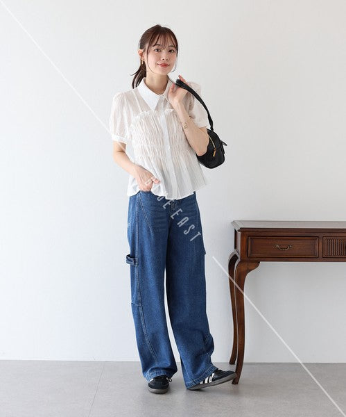 Button Shirt/Blouse Short Sleeve Shirring Sheer Bustier