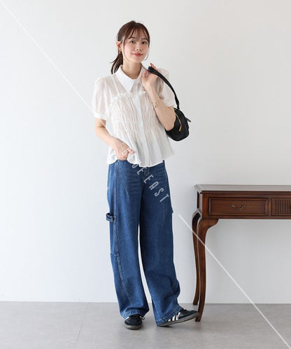 Button Shirt/Blouse Short Sleeve Shirring Sheer Bustier