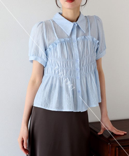 Button Shirt/Blouse Short Sleeve Shirring Sheer Bustier