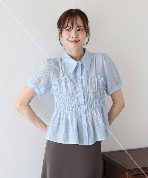 Button Shirt/Blouse Short Sleeve Shirring Sheer Bustier
