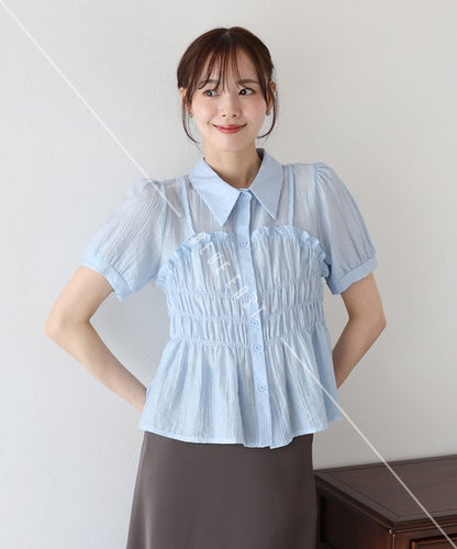 Button Shirt/Blouse Short Sleeve Shirring Sheer Bustier