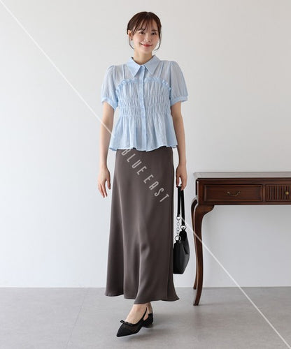 Button Shirt/Blouse Short Sleeve Shirring Sheer Bustier