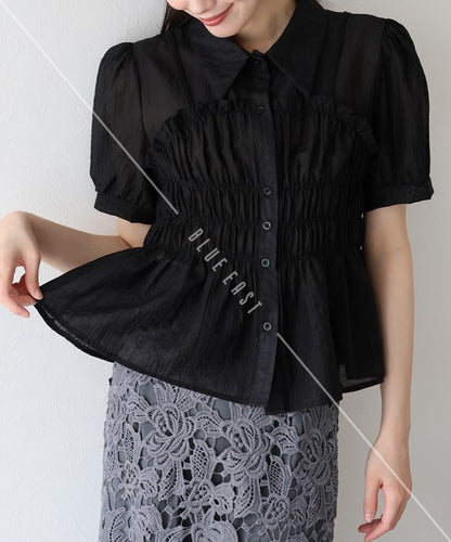 Button Shirt/Blouse Short Sleeve Shirring Sheer Bustier