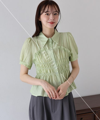 Button Shirt/Blouse Short Sleeve Shirring Sheer Bustier