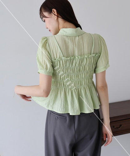 Button Shirt/Blouse Short Sleeve Shirring Sheer Bustier