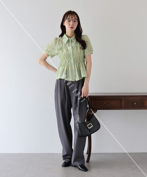 Button Shirt/Blouse Short Sleeve Shirring Sheer Bustier