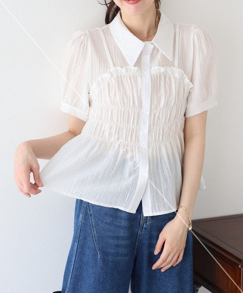 Button Shirt/Blouse Short Sleeve Shirring Sheer Bustier