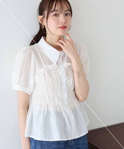 Button Shirt/Blouse Short Sleeve Shirring Sheer Bustier