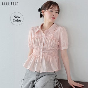 Button Shirt/Blouse Short Sleeve Shirring Sheer Bustier