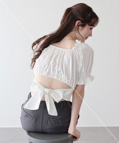 Button Shirt/Blouse Back Ribbon Off-The-Shoulder 2-way