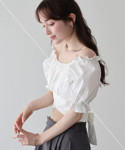 Button Shirt/Blouse Back Ribbon Off-The-Shoulder 2-way