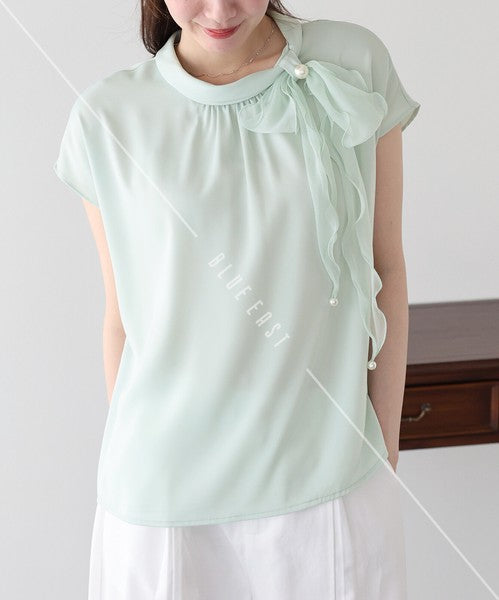 Button Shirt/Blouse French Sleeve Side Ribbon