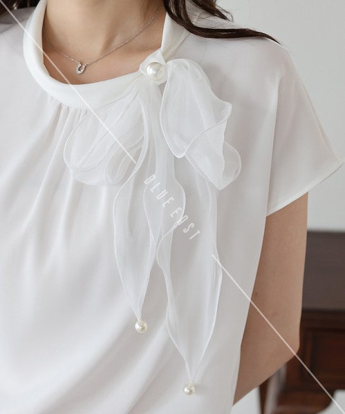 Button Shirt/Blouse French Sleeve Side Ribbon