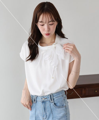 Button Shirt/Blouse French Sleeve Side Ribbon