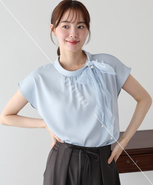 Button Shirt/Blouse French Sleeve Side Ribbon