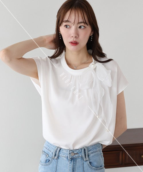 Button Shirt/Blouse French Sleeve Side Ribbon