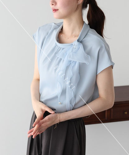Button Shirt/Blouse French Sleeve Side Ribbon