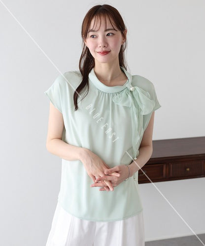 Button Shirt/Blouse French Sleeve Side Ribbon