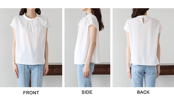 Button Shirt/Blouse French Sleeve Side Ribbon