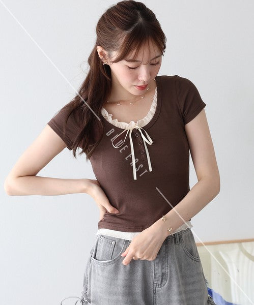 Gathered Layered Ribbon T-Shirt