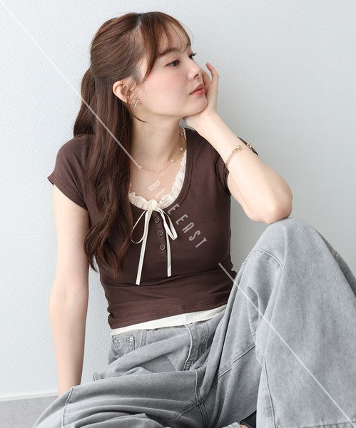Gathered Layered Ribbon T-Shirt
