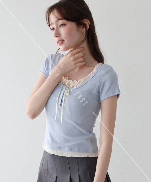 Gathered Layered Ribbon T-Shirt