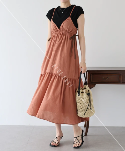 Casual Dress Check Pattern Ladies fashion Camisole Dress Check Side Ribbon