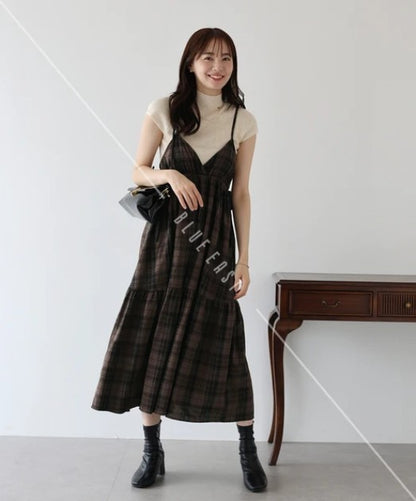 Casual Dress Check Pattern Ladies fashion Camisole Dress Check Side Ribbon