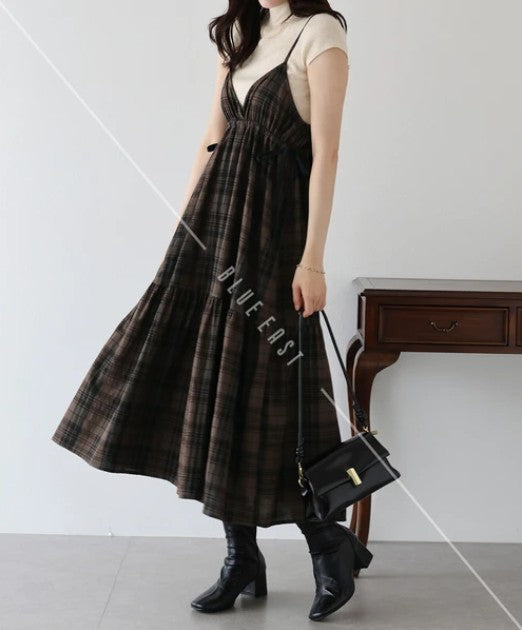 Casual Dress Check Pattern Ladies fashion Camisole Dress Check Side Ribbon