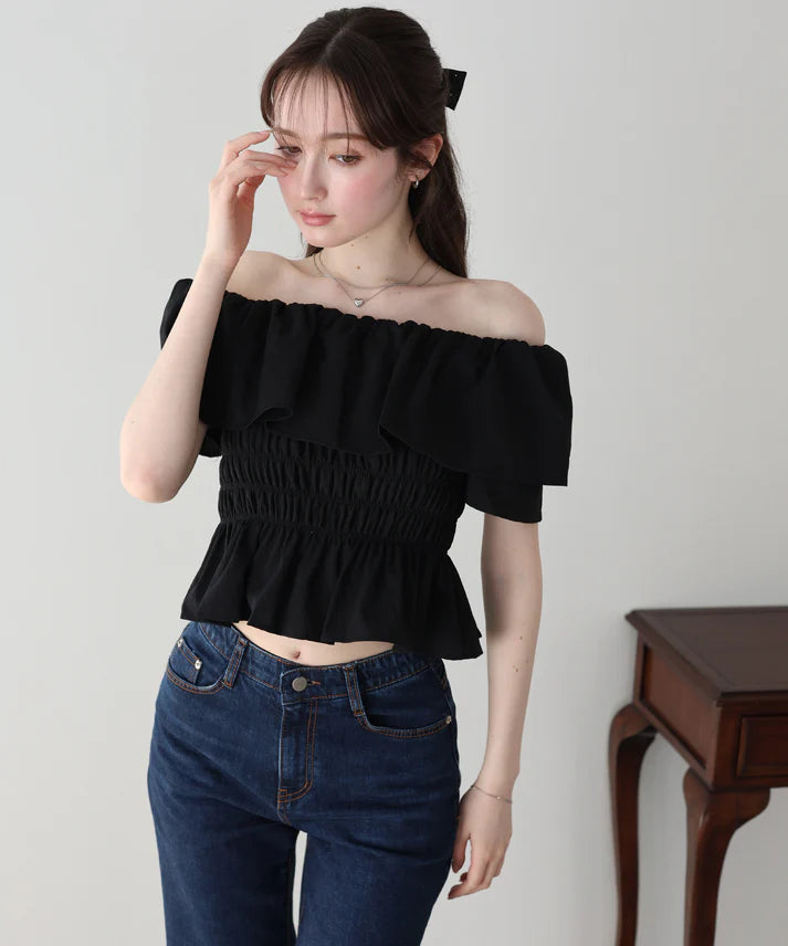 Button Shirt/Blouse Frilled Blouse Short Sleeve Off-The-Shoulder
