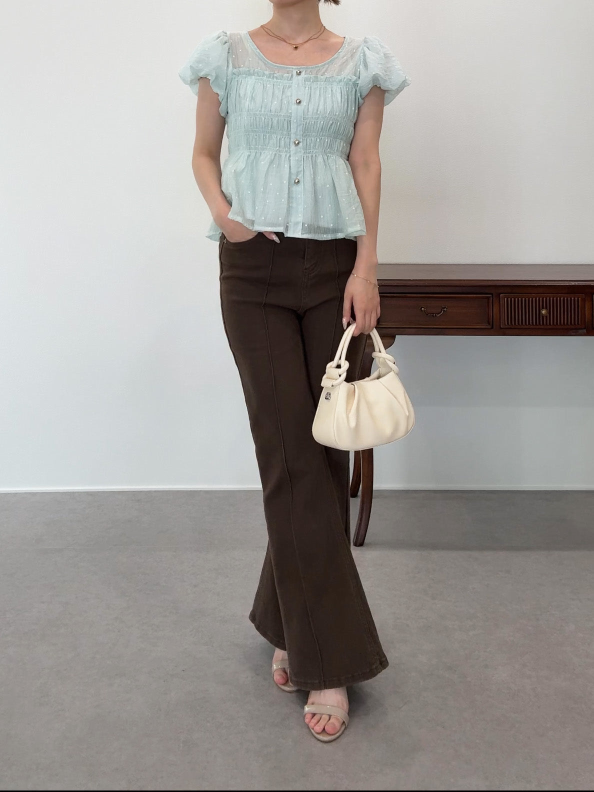 【Sale ended】Polka-Dot Shirred Blouse with Short Puff Sleeves